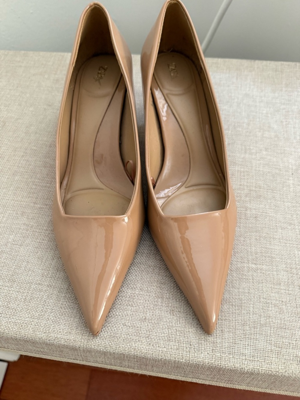 Zara Glossy Beige Pointed-Toe Pumps